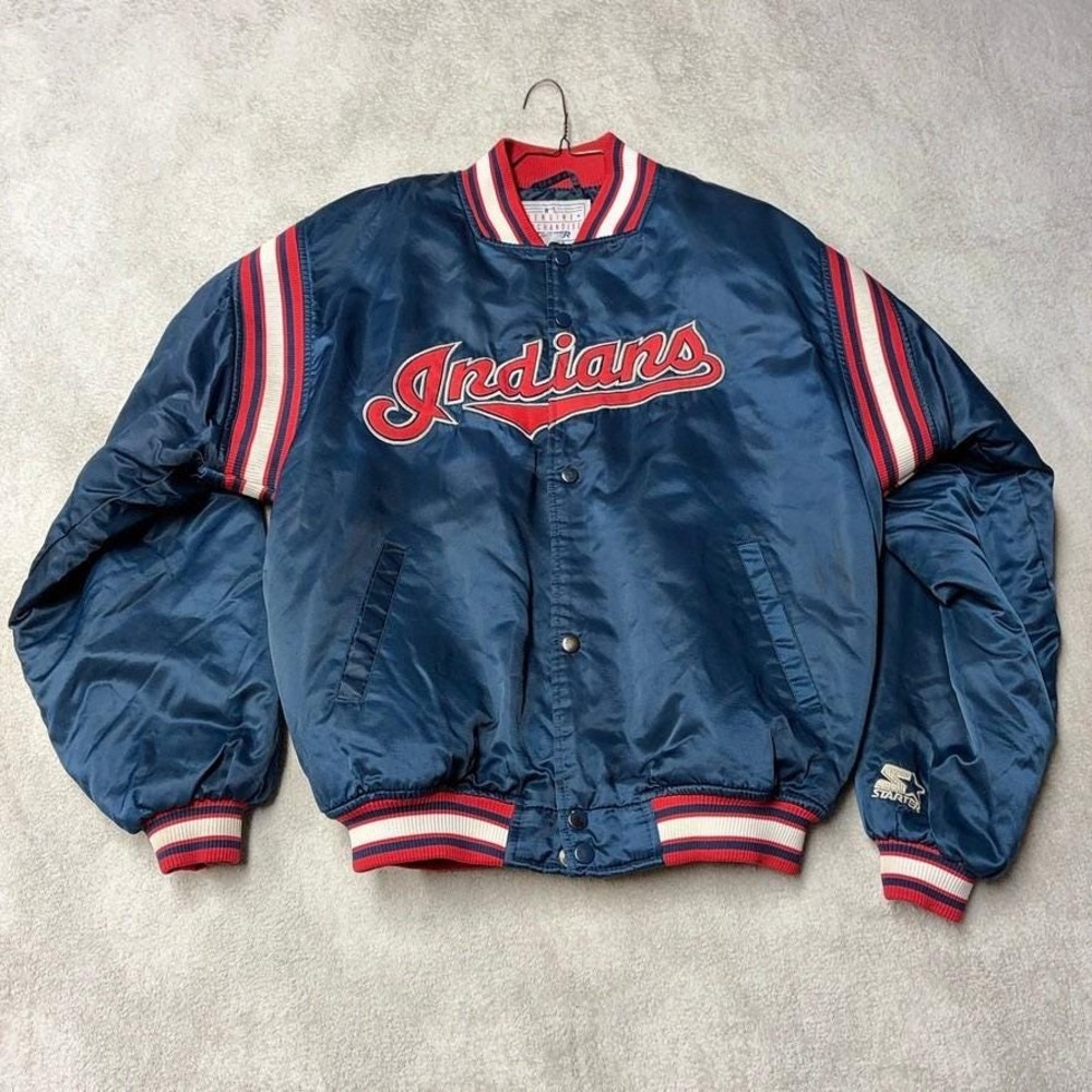 Vintage 90s Starter Cleveland Indians Jacket Satin Bomber Navy Blue MLB Mens XL